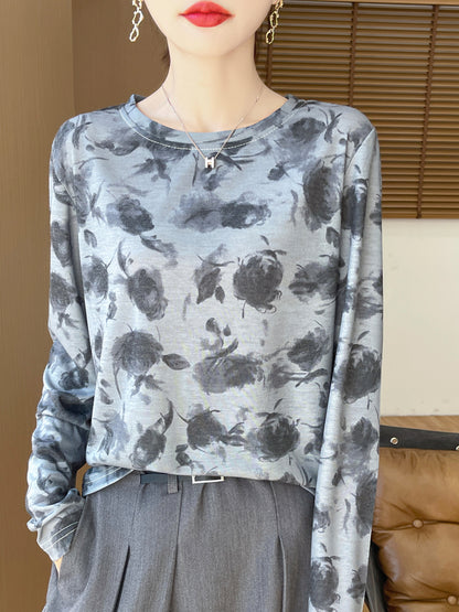 Ink and Wash painting Cotton Workout Long Sleeve Crewneck Shirts for Women