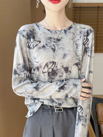 Ink and Wash painting Cotton Workout Long Sleeve Crewneck Shirts for Women