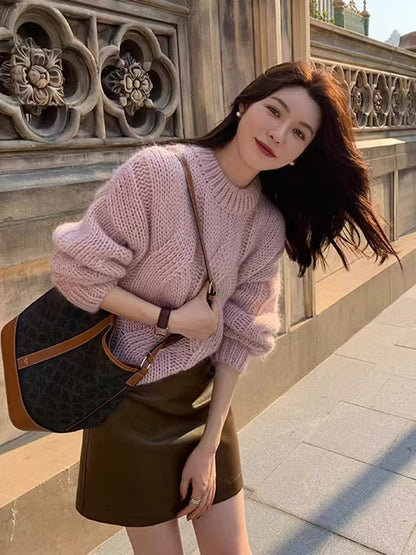 Loose Elegant Women Mohair Cable Knit Jumper Soft Sweater