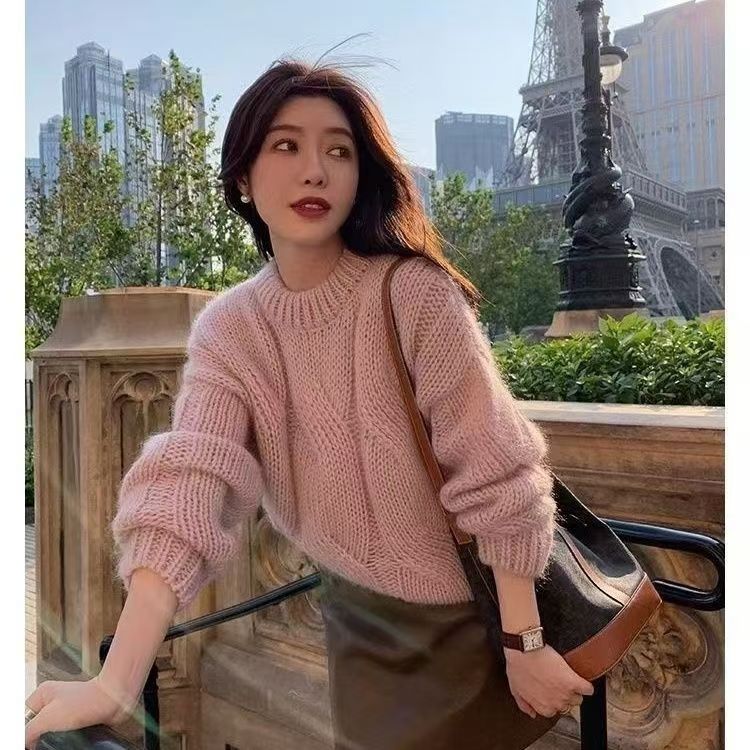 Loose Elegant Women Mohair Cable Knit Jumper Soft Sweater