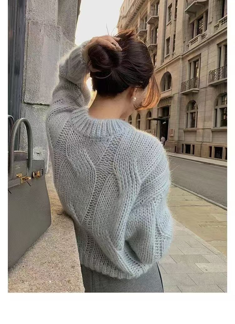 Loose Elegant Women Mohair Cable Knit Jumper Soft Sweater