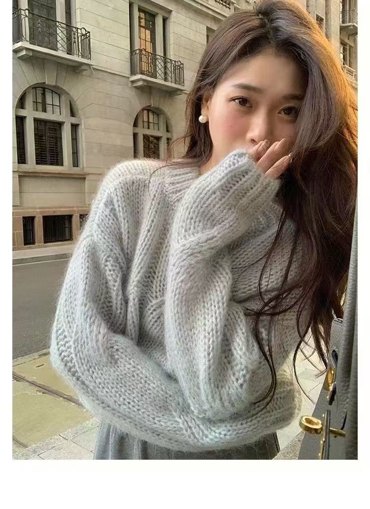 Loose Elegant Women Mohair Cable Knit Jumper Soft Sweater