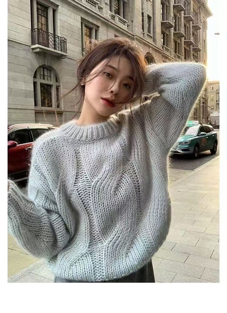 Loose Elegant Women Mohair Cable Knit Jumper Soft Sweater