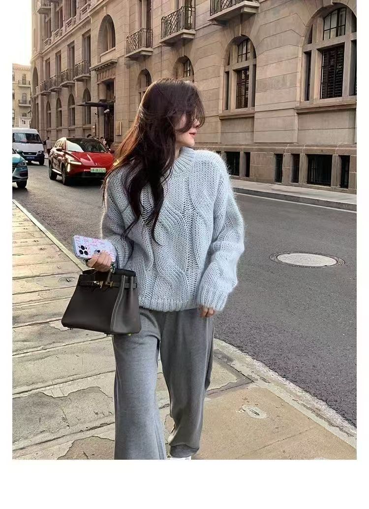 Loose Elegant Women Mohair Cable Knit Jumper Soft Sweater