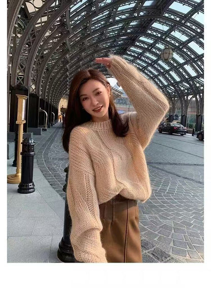 Loose Elegant Women Mohair Cable Knit Jumper Soft Sweater