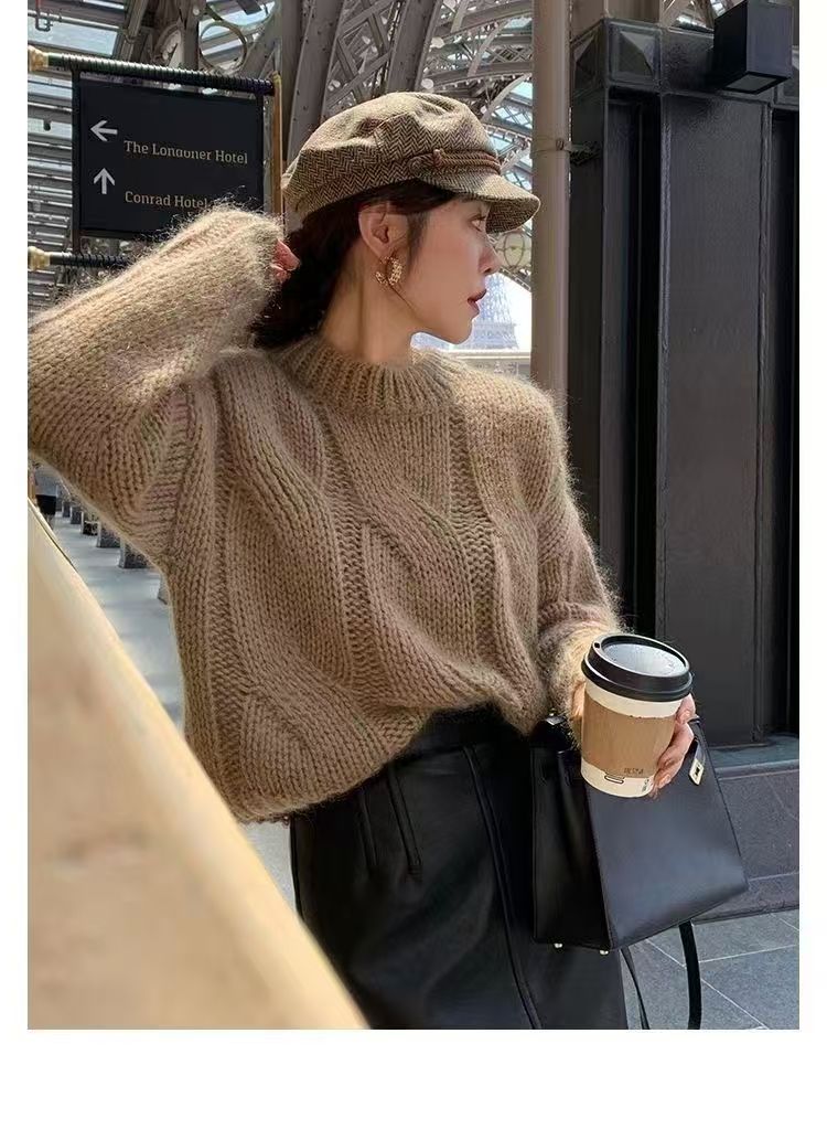 Loose Elegant Women Mohair Cable Knit Jumper Soft Sweater