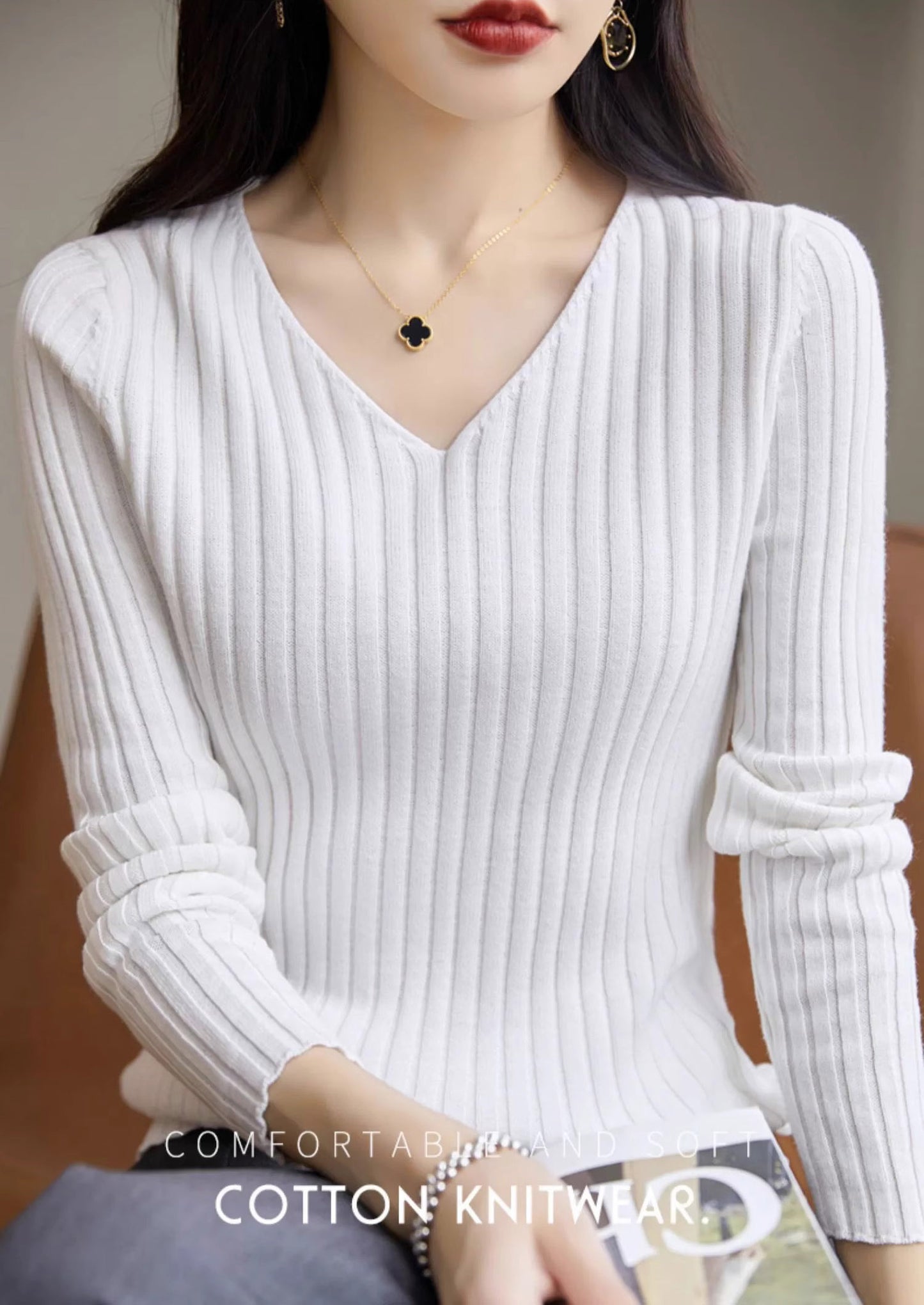 Slim Fitted Elegant Fall Ribbed Knit Tee Tops