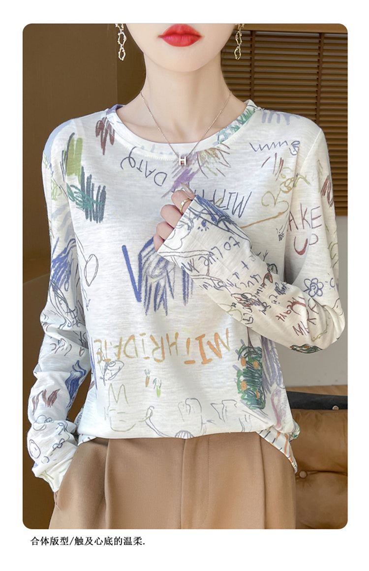 Ink and Wash painting Cotton Workout Long Sleeve Crewneck Shirts for Women