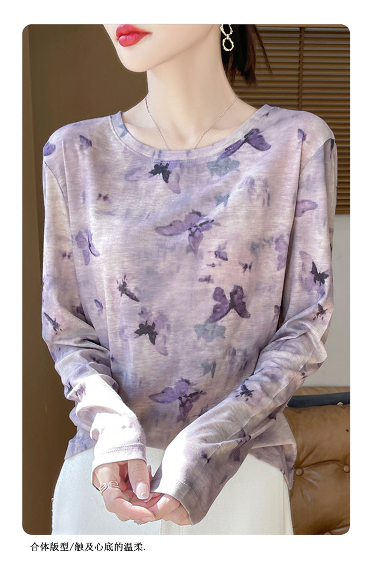 Ink and Wash painting Cotton Workout Long Sleeve Crewneck Shirts for Women