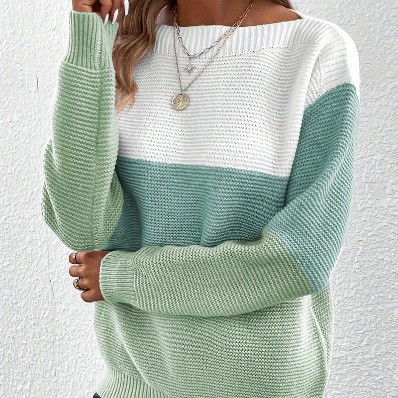 Amazon hot sale Round neck knitted contrasting  pullover