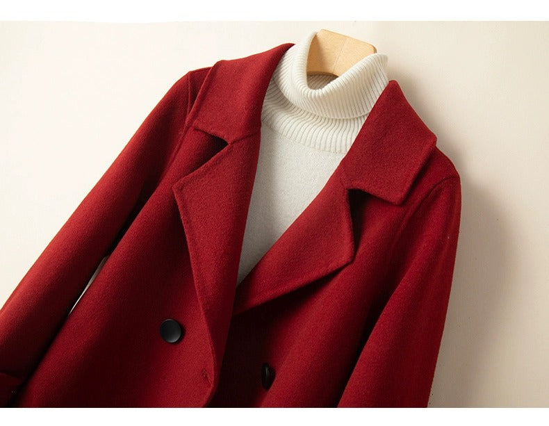 Women's Spring Woolen Coat Turn-Down Collar Short Wool Coat for Female