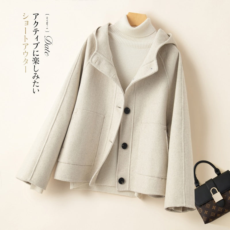 Women's Woolen Coat  Hoodies Short Wool Coat for Female