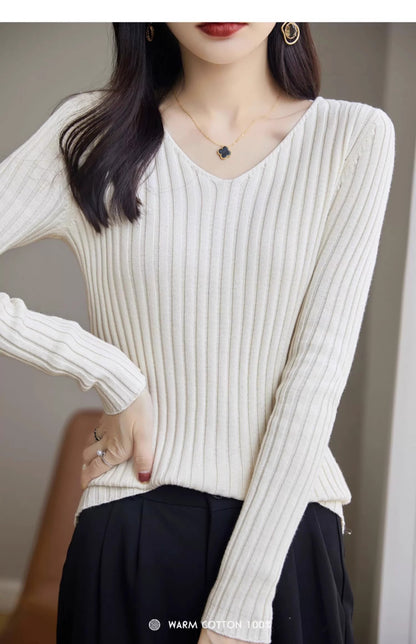 Slim Fitted Elegant Fall Ribbed Knit Tee Tops