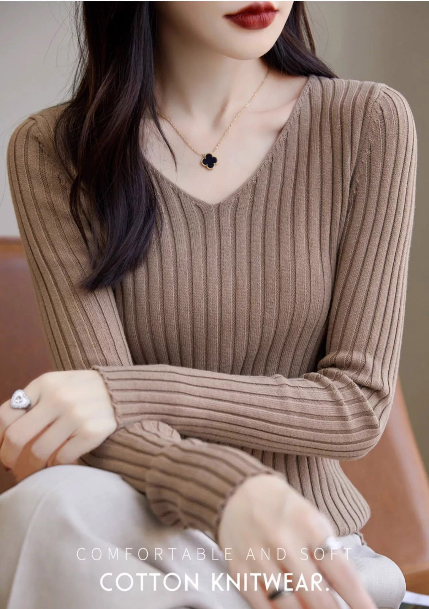 Slim Fitted Elegant Fall Ribbed Knit Tee Tops