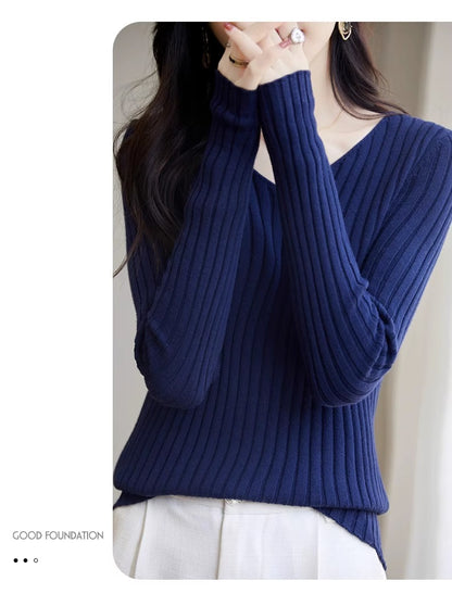 Slim Fitted Elegant Fall Ribbed Knit Tee Tops