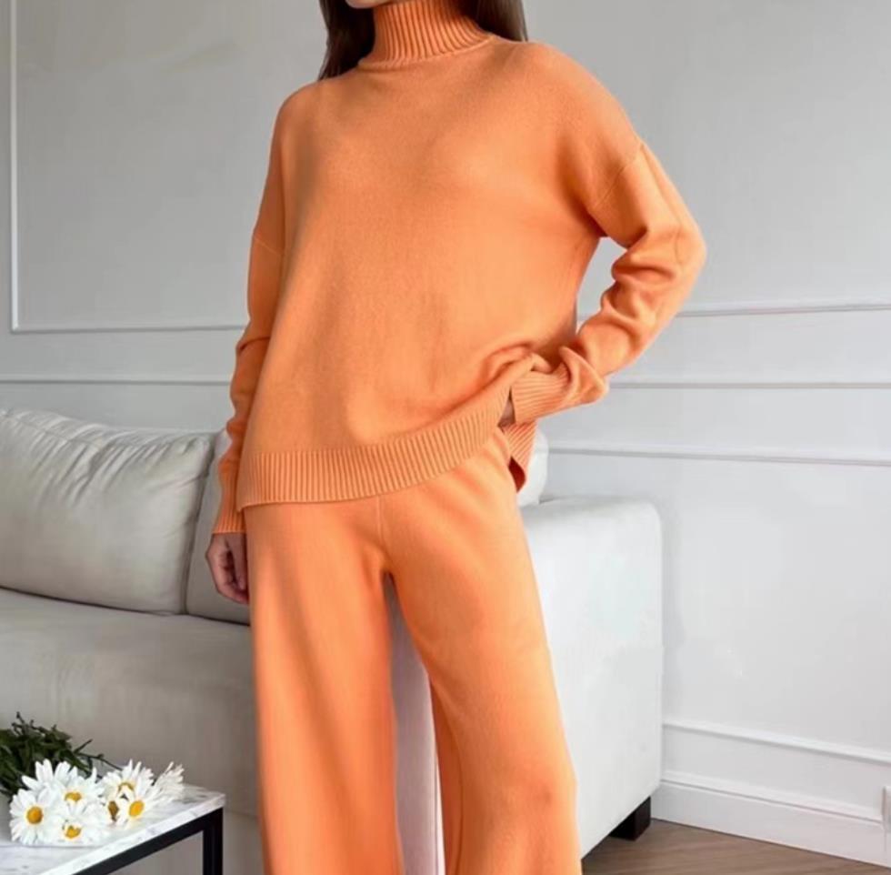 High neck Knitted Set for Women's Wide Leg Knit Pant