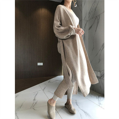 Oversize Women's Long Sweater Fashion Long Sleeve Knitted With Belt