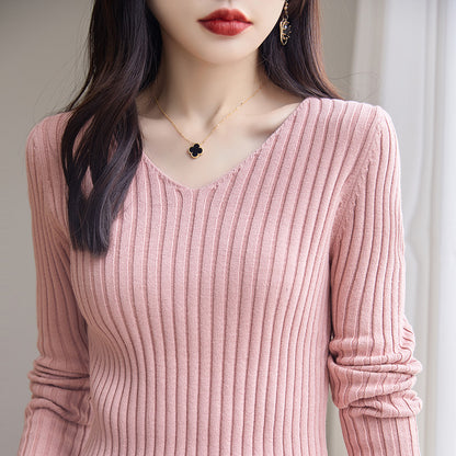 Slim Fitted Elegant Fall Ribbed Knit Tee Tops