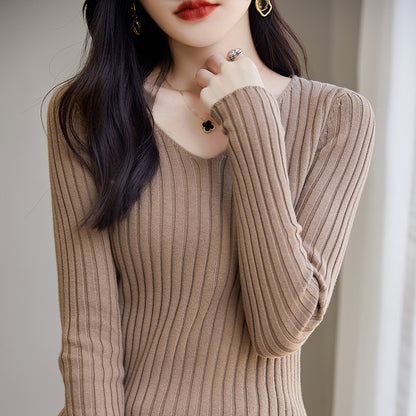 Slim Fitted Elegant Fall Ribbed Knit Tee Tops