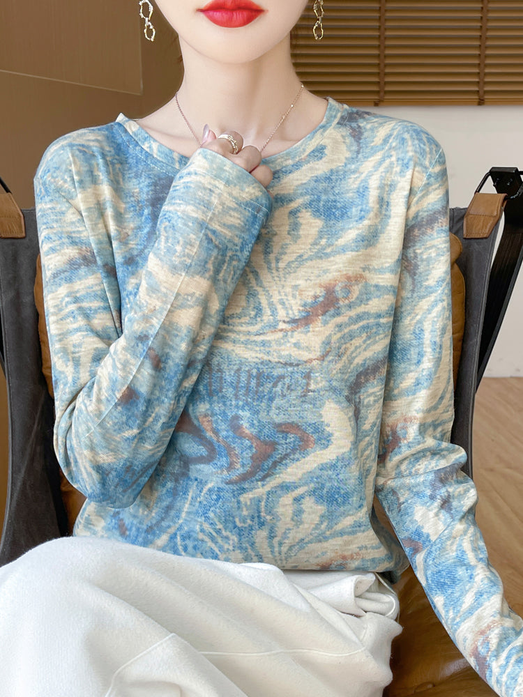 Ink and Wash painting Cotton Workout Long Sleeve Crewneck Shirts for Women