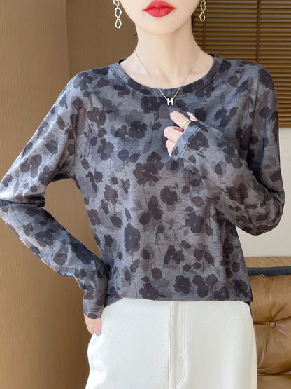 Ink and Wash painting Cotton Workout Long Sleeve Crewneck Shirts for Women