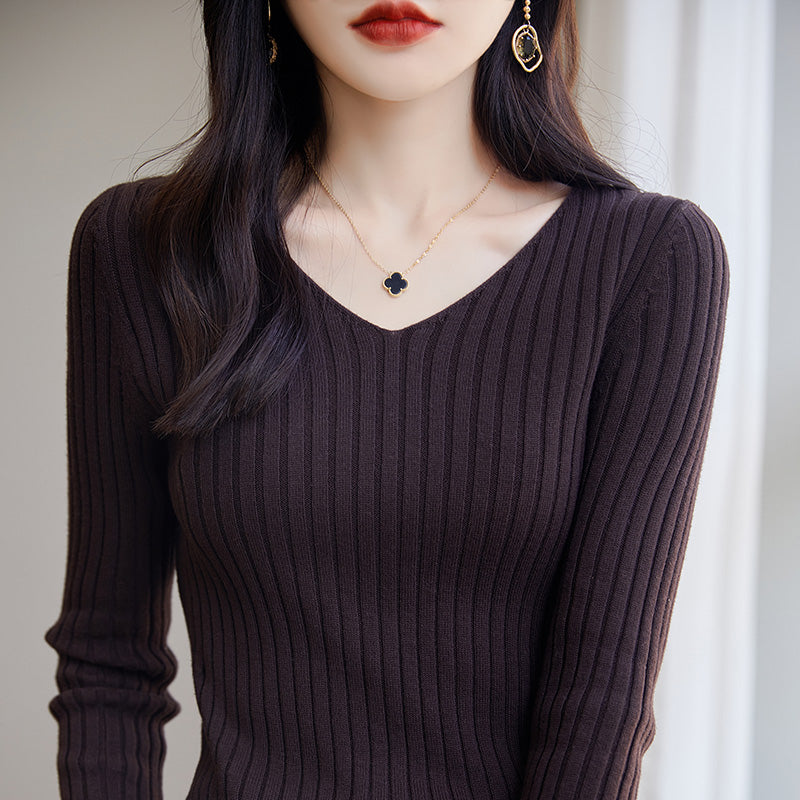 Slim Fitted Elegant Fall Ribbed Knit Tee Tops