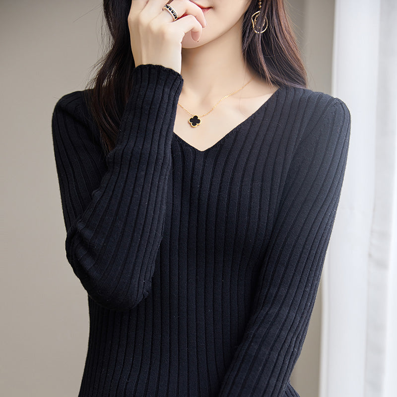 Slim Fitted Elegant Fall Ribbed Knit Tee Tops