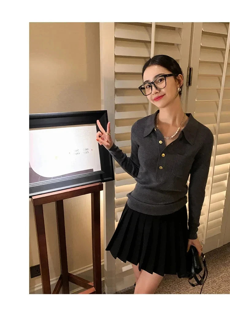 Women Polo Sweater  Long Sleeve Slim Top Pullover Knitwears