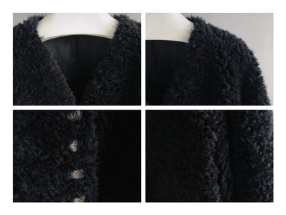 Women V-neck Short Lamb Fur Coat