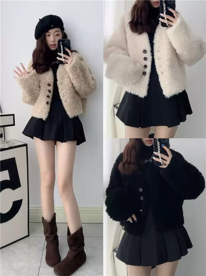 Women V-neck Short Lamb Fur Coat