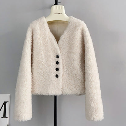 Women V-neck Short Lamb Fur Coat