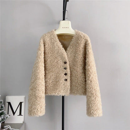 Women V-neck Short Lamb Fur Coat