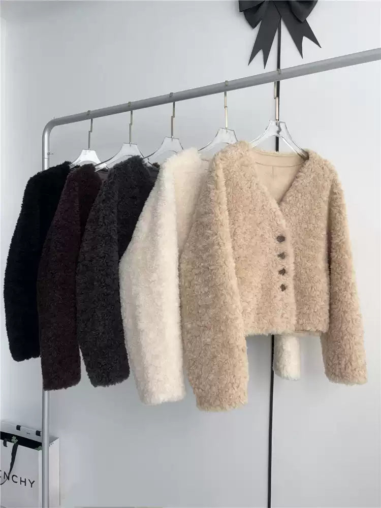 Women V-neck Short Lamb Fur Coat