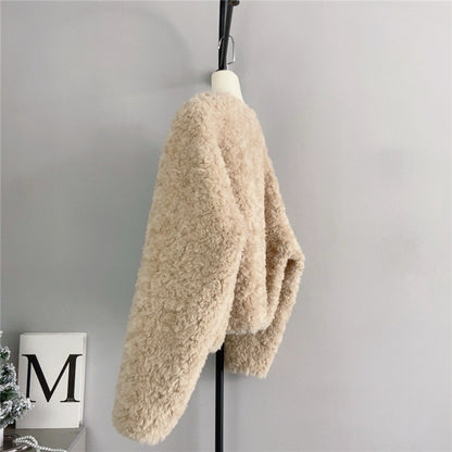 Women V-neck Short Lamb Fur Coat