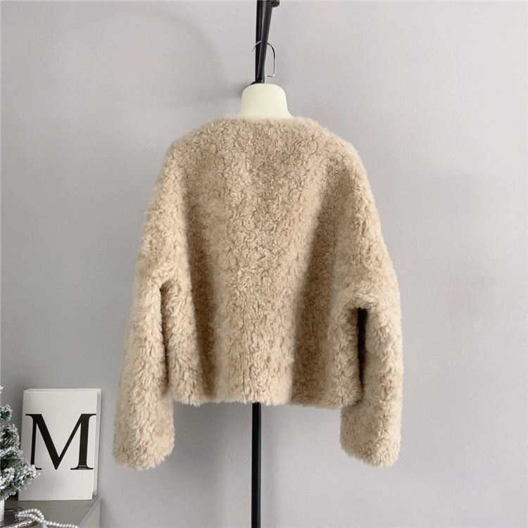 Women V-neck Short Lamb Fur Coat