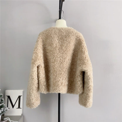 Women V-neck Short Lamb Fur Coat