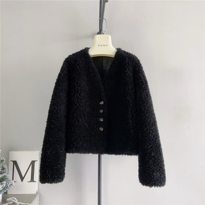 Women V-neck Short Lamb Fur Coat