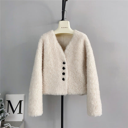 Women V-neck Short Lamb Fur Coat