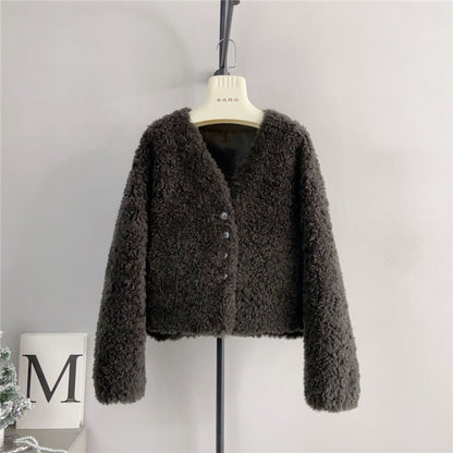 Women V-neck Short Lamb Fur Coat