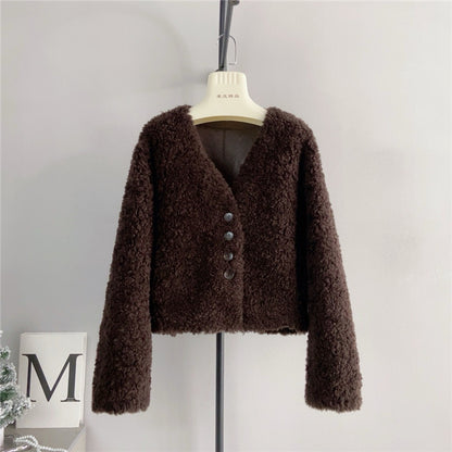 Women V-neck Short Lamb Fur Coat