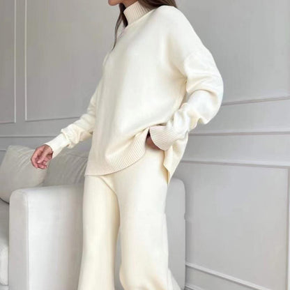 High neck Knitted Set for Women's Wide Leg Knit Pant