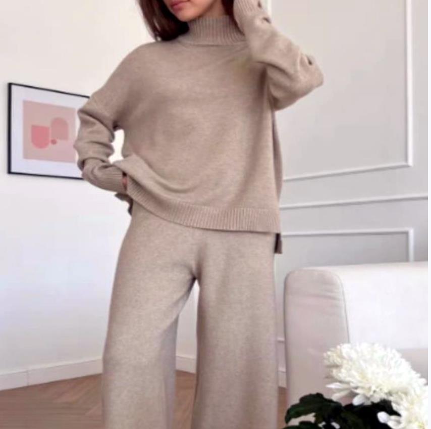 High neck Knitted Set for Women's Wide Leg Knit Pant