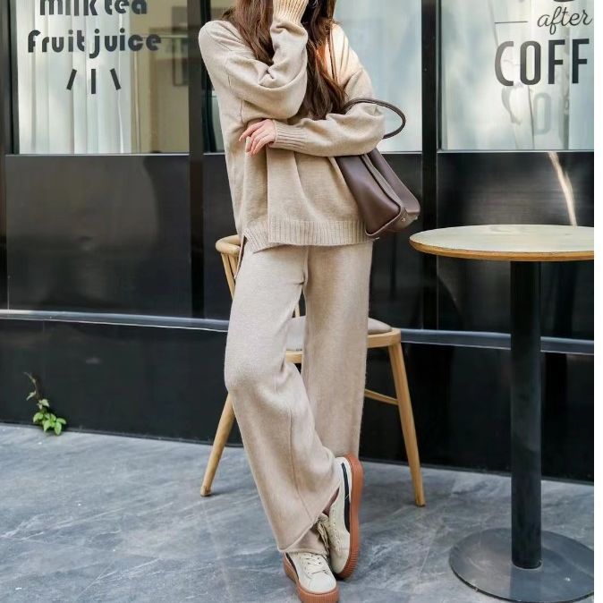 High neck Knitted Set for Women's Wide Leg Knit Pant