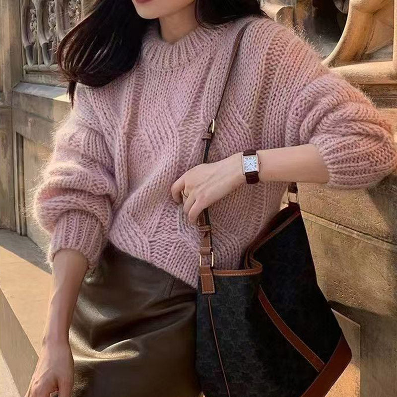 Loose Elegant Women Mohair Cable Knit Jumper Soft Sweater