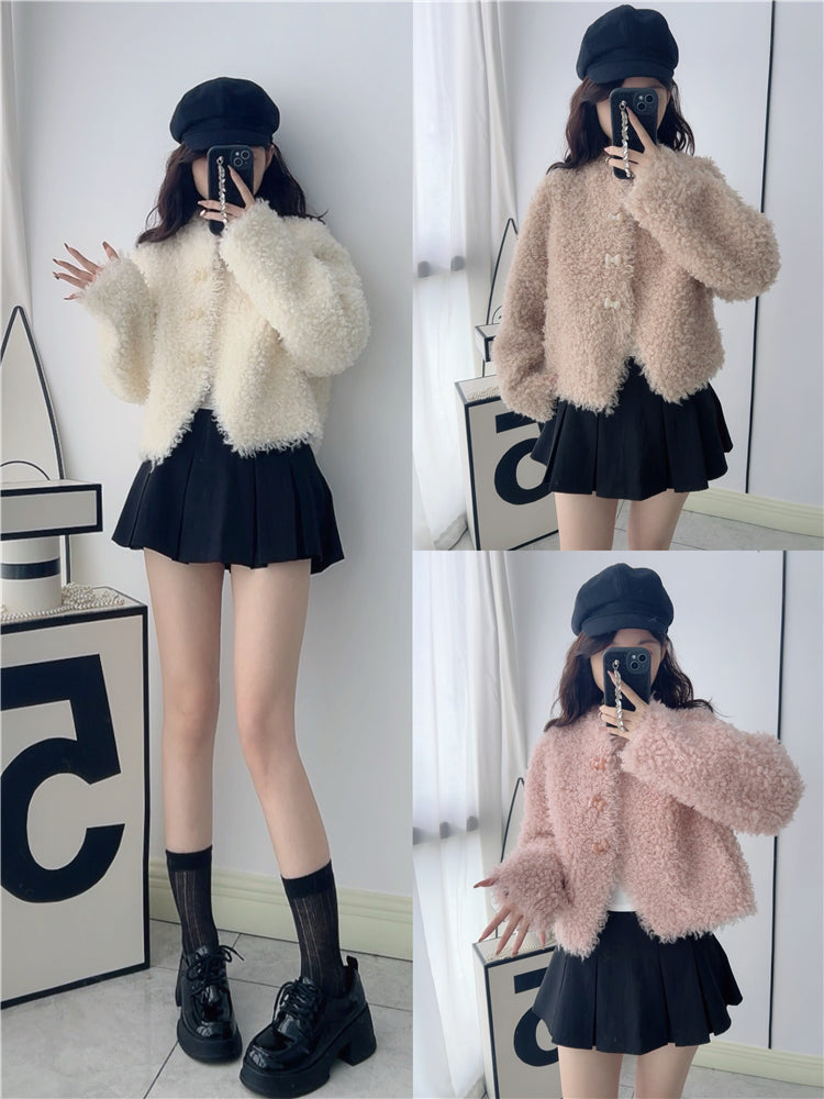 Wool Bow Button Short Wool Jacket